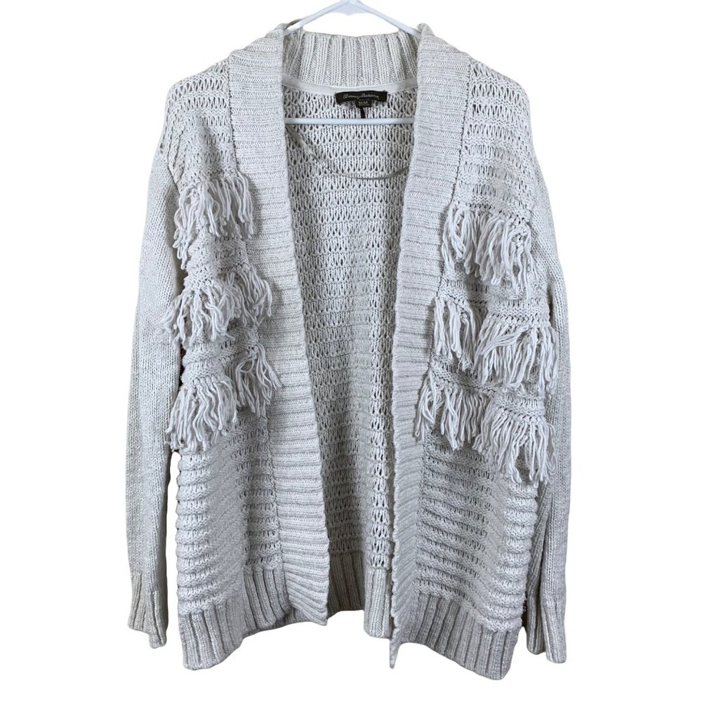 Tommy Bahama Light Gray Fringe Open-Front Knit Cardigan
